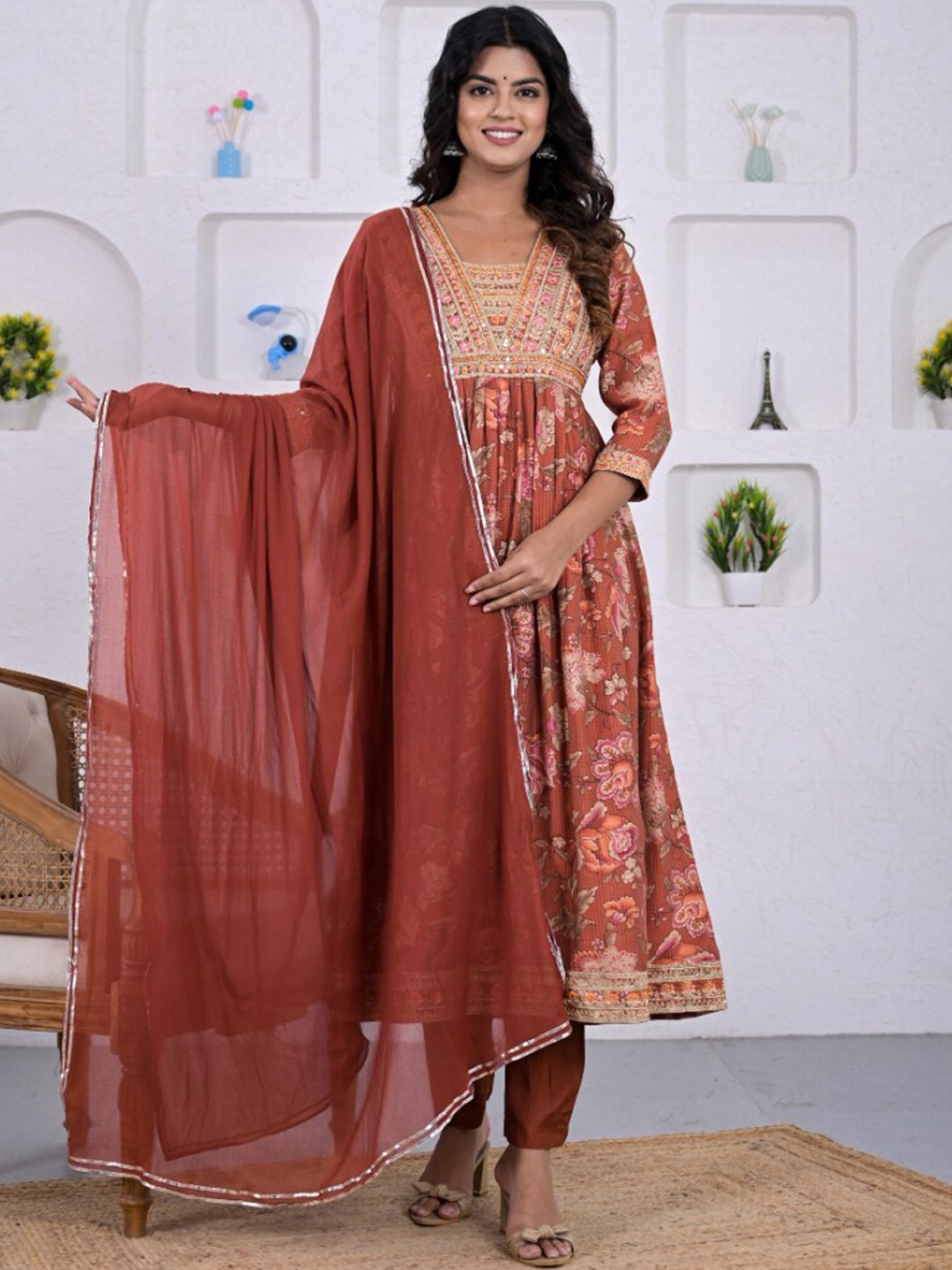 

ZARI Floral Printed Sequinned Anarkali Kurta With Trousers & Dupatta, Brown