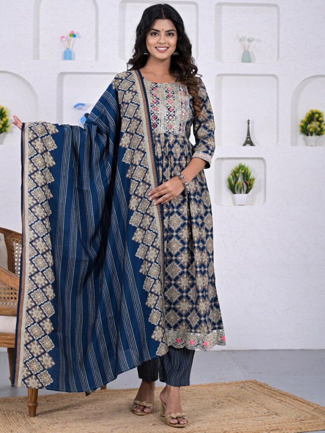 

ZARI Ethnic Motifs Printed Thread Work Anarkali Kurta With Trousers & Dupatta, Blue