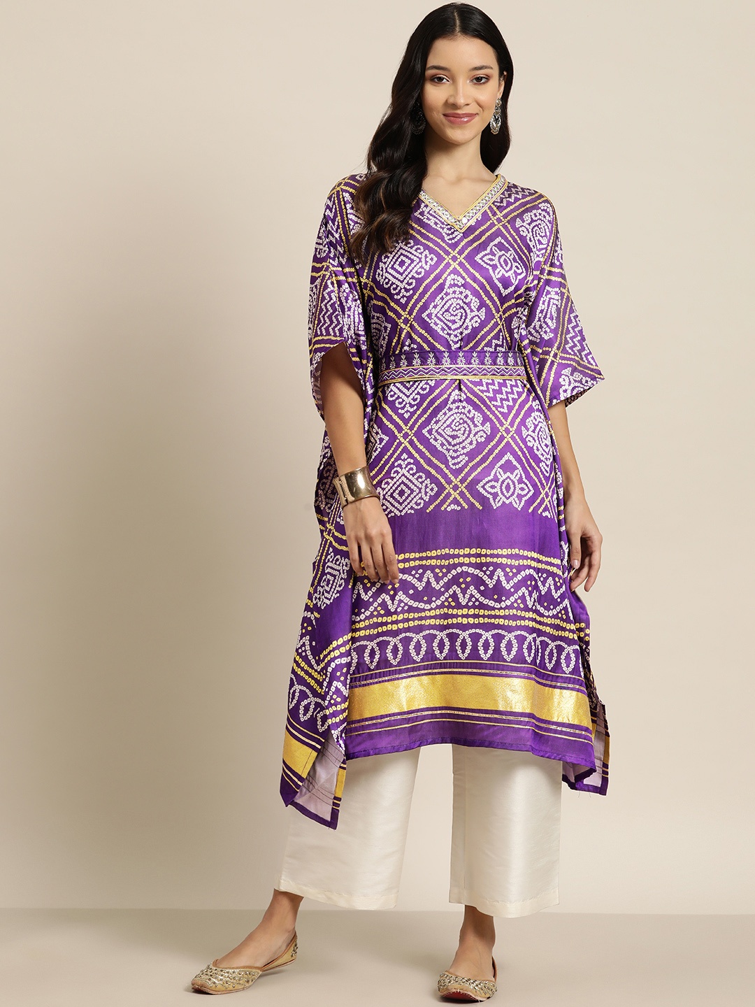 

HERE&NOW Women Bandhani Printed Flared Sleeves Satin Kaftan Kurta, Purple