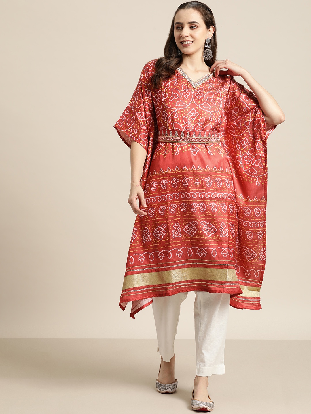 

HERE&NOW Women Bandhani Printed Flared Sleeves Mirror Work Satin Kaftan Kurta, Red