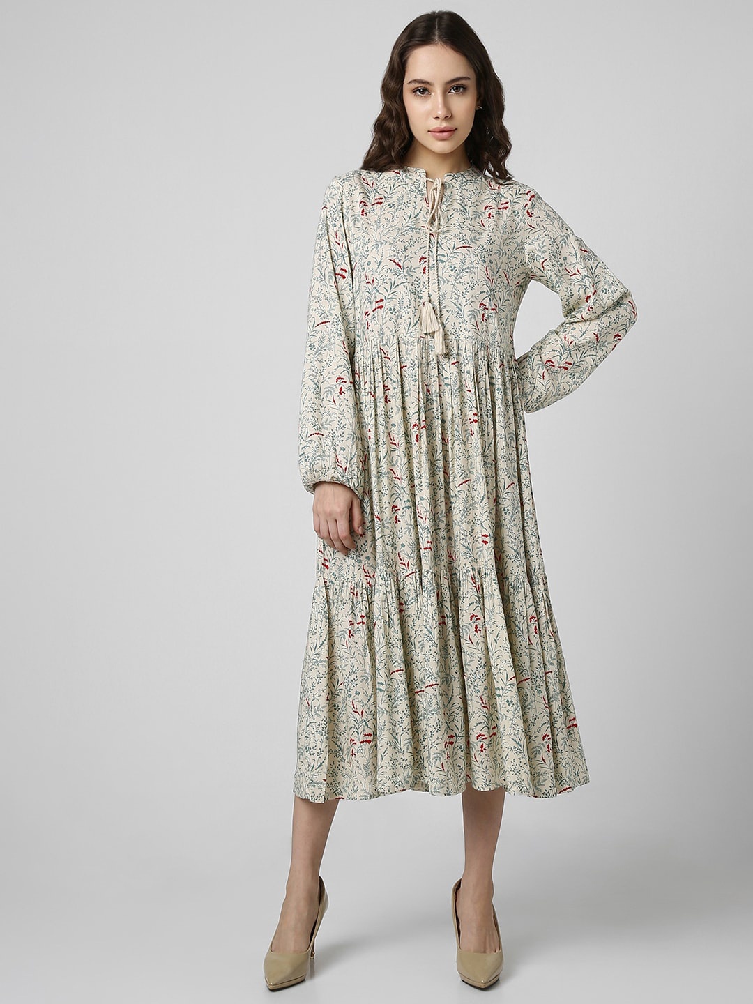 

Van Heusen Woman Floral Printed Tie-Up Neck Puff Sleeves A-Line Dress, Cream