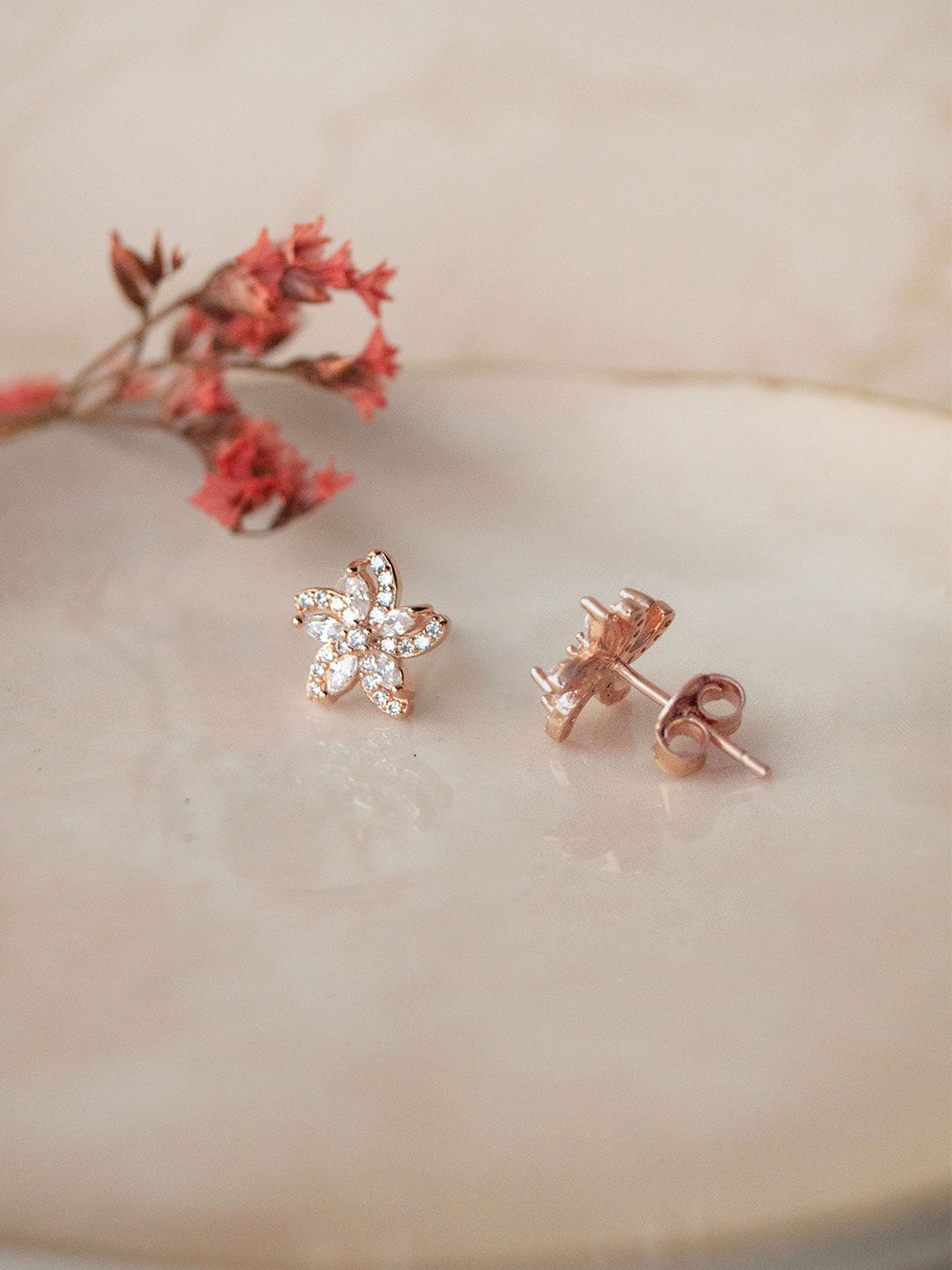 

MANNASH Rose Gold Plated Sterling Silver Cubic Zirconia Floral Stud Earrings