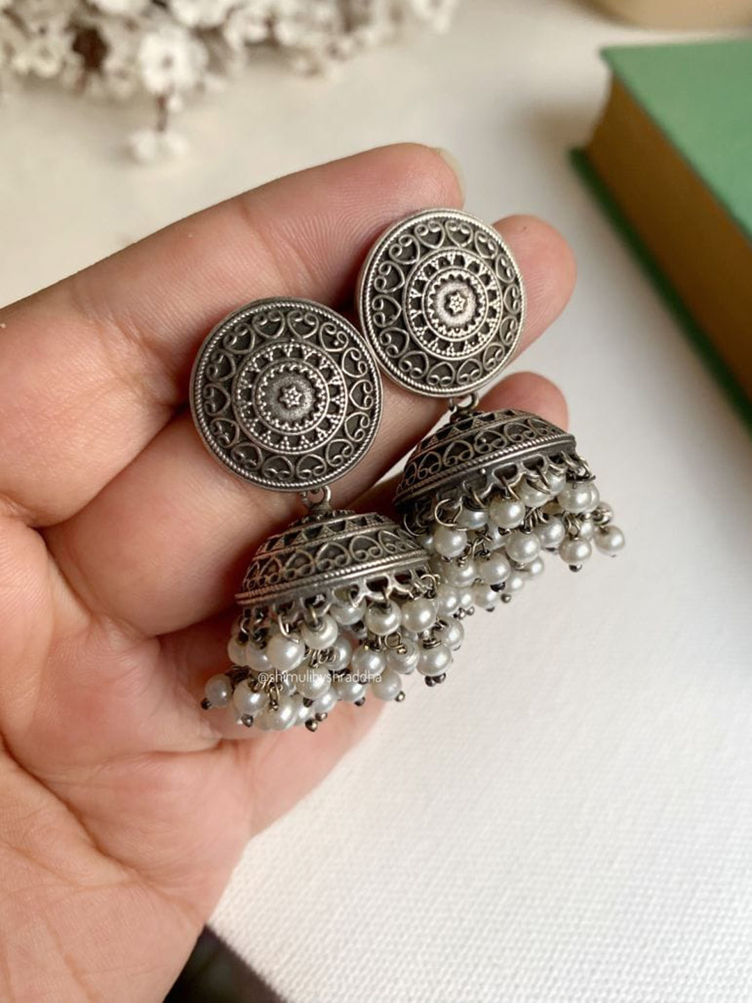 

SHIMULI Silver Plated Contemporary Oxidised Jhumkas, White