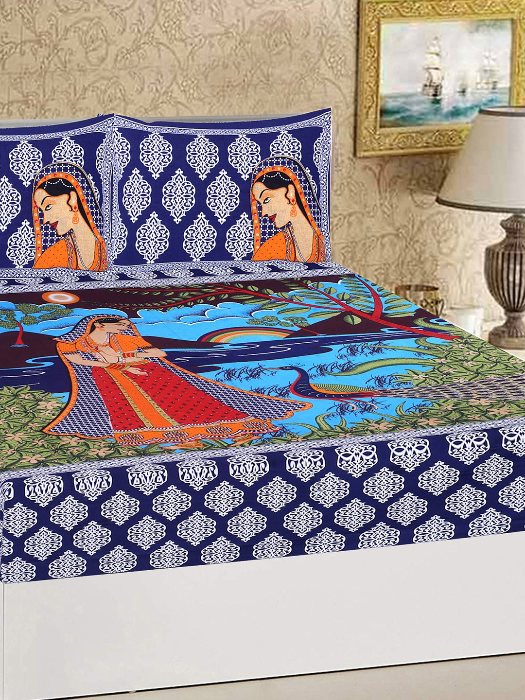 

Rajasthanikart Blue & Red Floral Cotton 110 TC Queen Bedsheet with 2 Pillow Covers