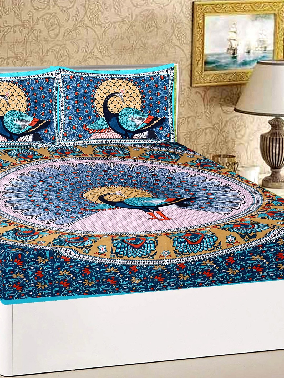 

Rajasthanikart Blue & Beige Floral Cotton 110 TC Queen Bedsheet with 2 Pillow Covers