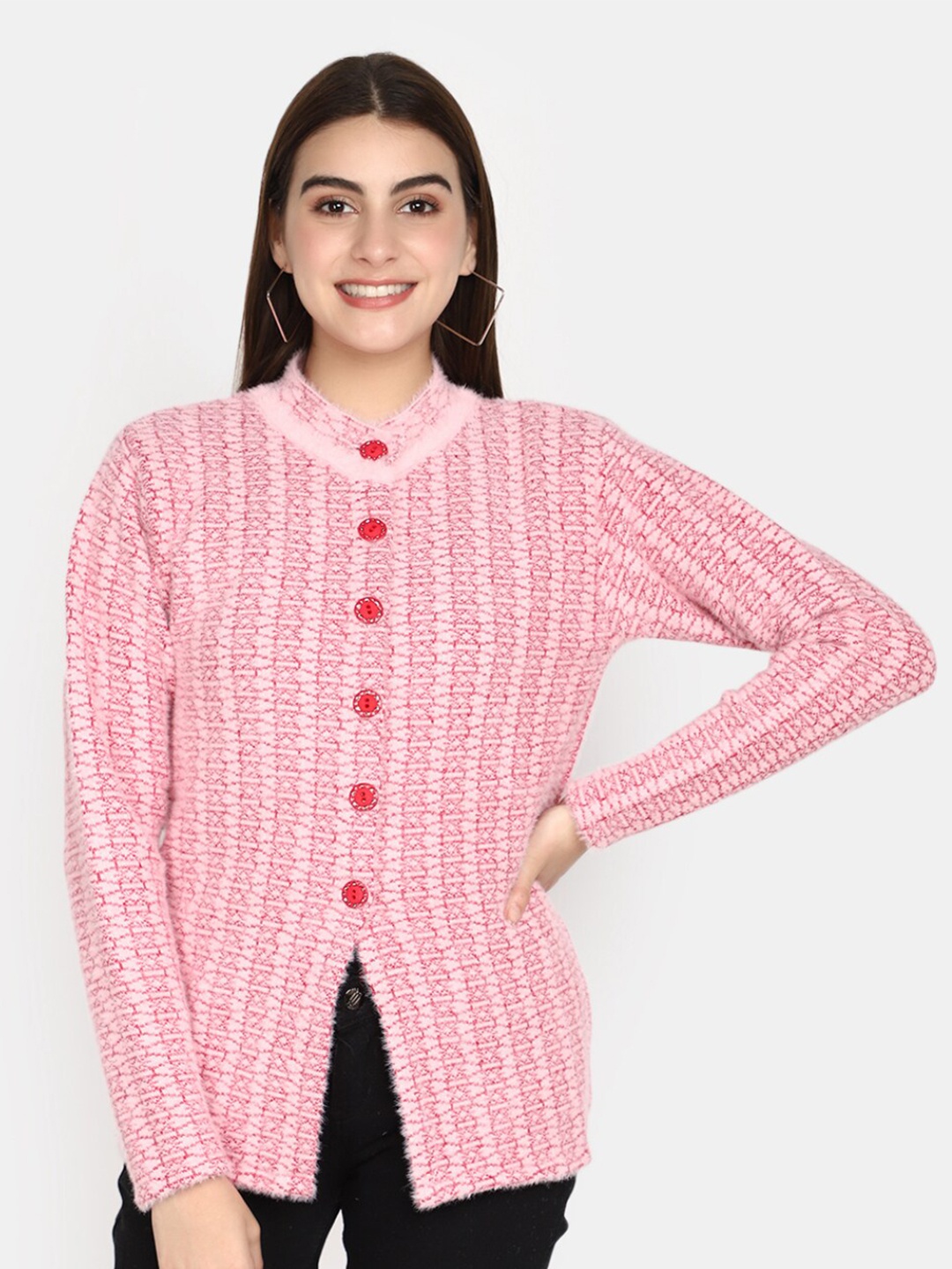 

V-Mart Self Design Cotton Cardigan Sweater, Pink