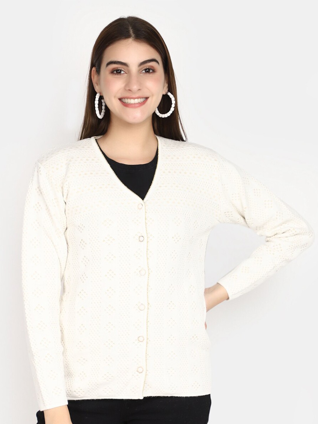 

V-Mart Self Design Cotton Cardigan, Off white