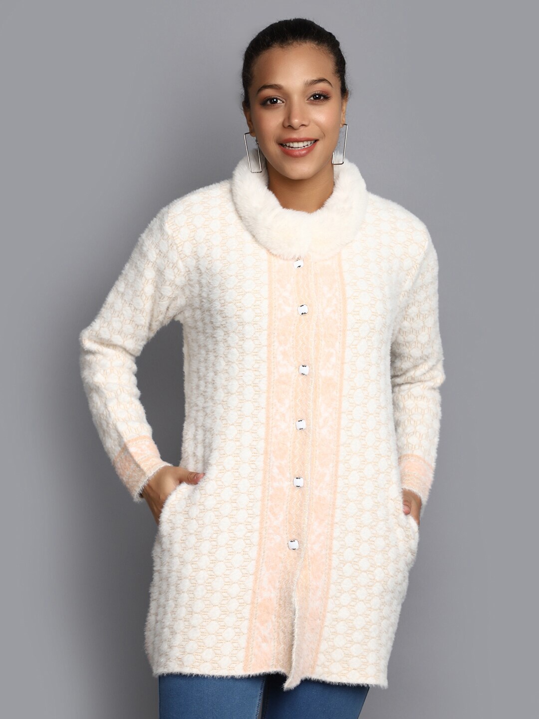 

V-Mart Abstract Self Design Turtle Neck Fur Detail Cotton Cardigan, Off white