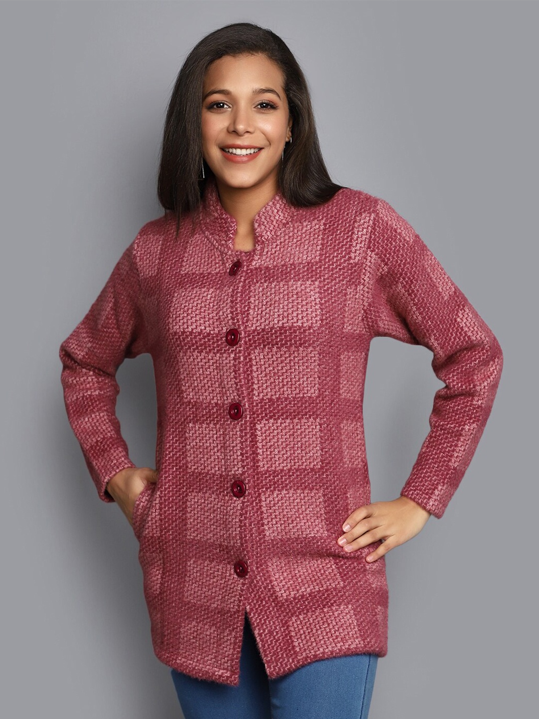 

V-Mart Geometric Self Design Cotton Longline Front-Open Sweater, Mauve