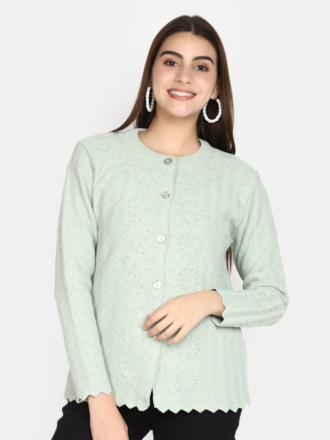 

V-Mart Geometric Self Design Embroidered Front Open Sweatshirt, Green