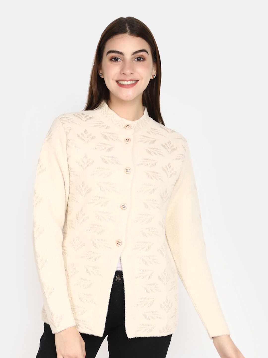 

V-Mart Self Design Cardigan Cotton Sweater, Cream