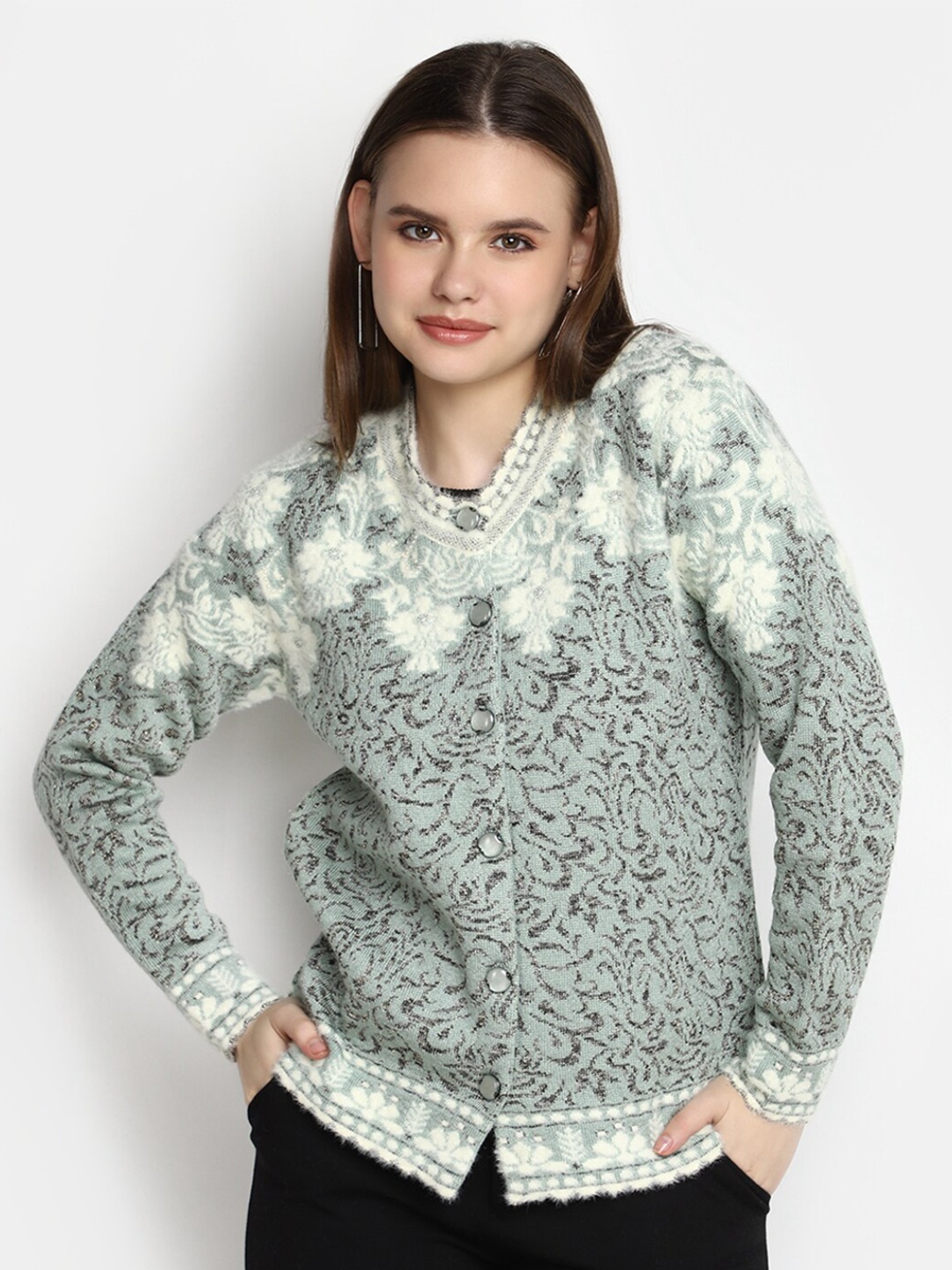 

V-Mart Self Design Cardigan Cotton Sweater, Grey