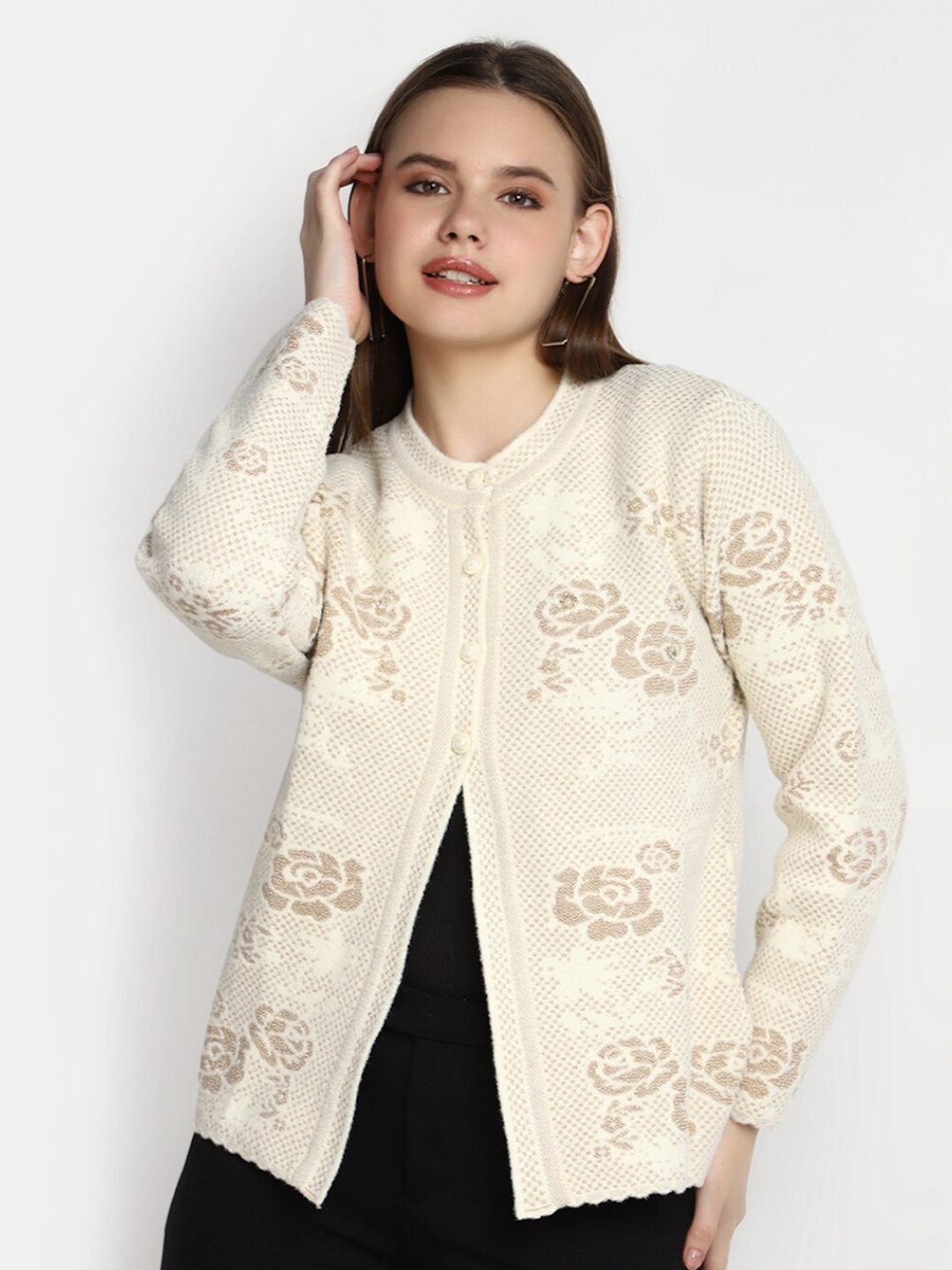 

V-Mart Floral Embroidered Beads & Stones Suede Cardigan Sweater, Cream