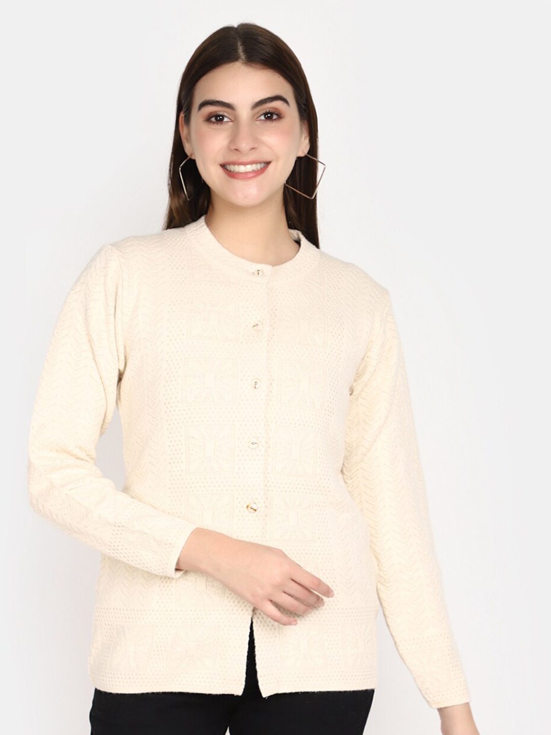 

V-Mart Geometric Self Design Round Neck Cotton Front-Open Sweatshirt, Cream