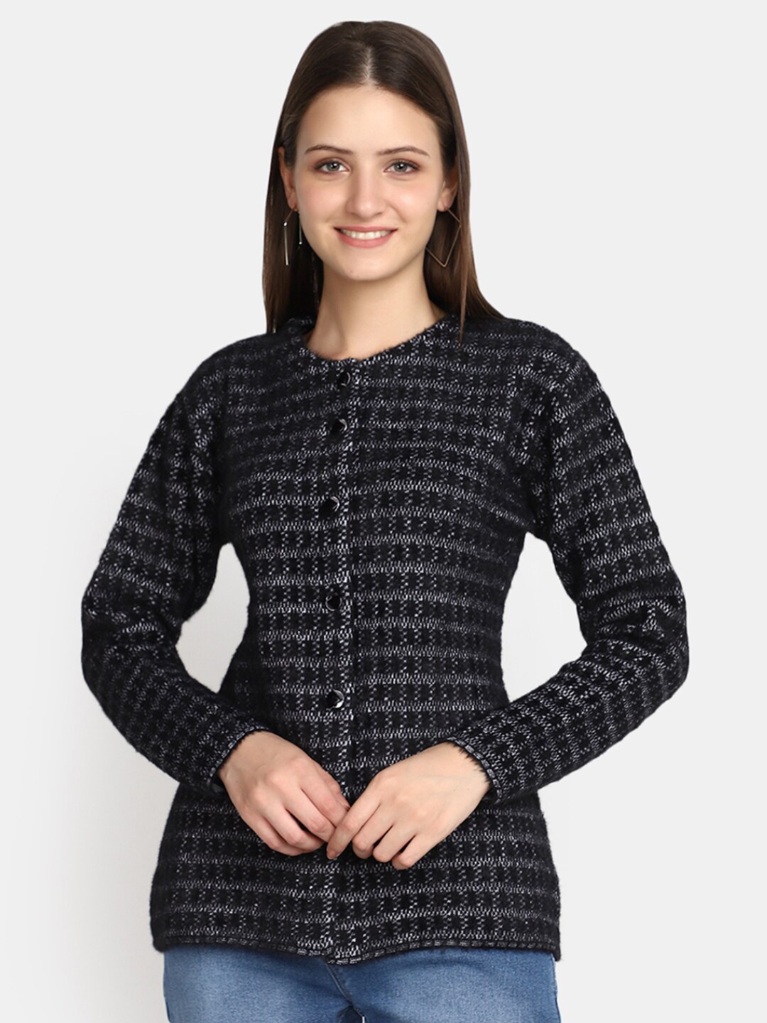 

V-Mart Checked Long Sleeves Cotton Cardigan, Black