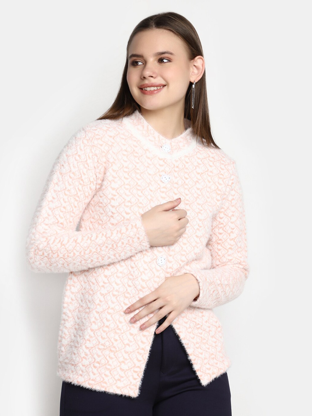 

V-Mart Abstract Self Design Cotton Cardigan Sweater With Fuzzy Detail, Pink