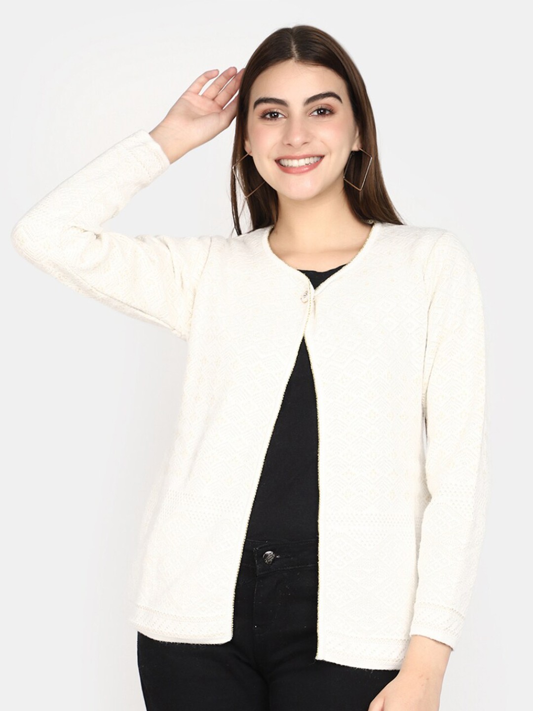 

V-Mart Geometric Self Design Cotton Front Open Sweatshirt, Off white