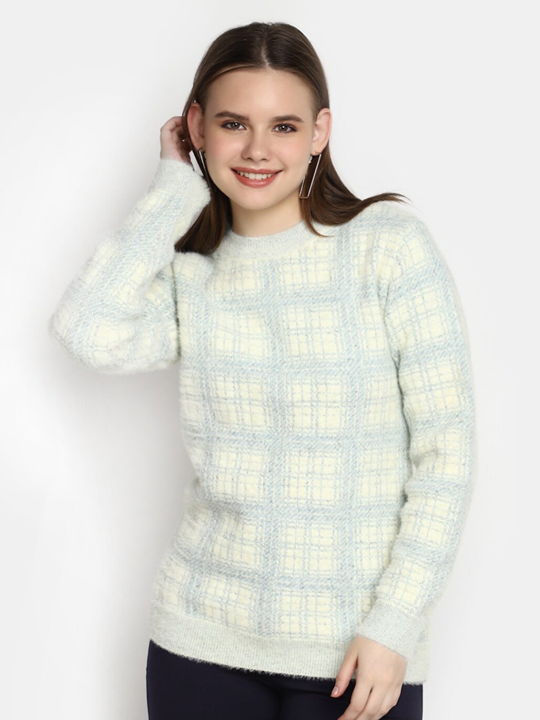 

V-Mart Checked Round Neck Sweater, Blue