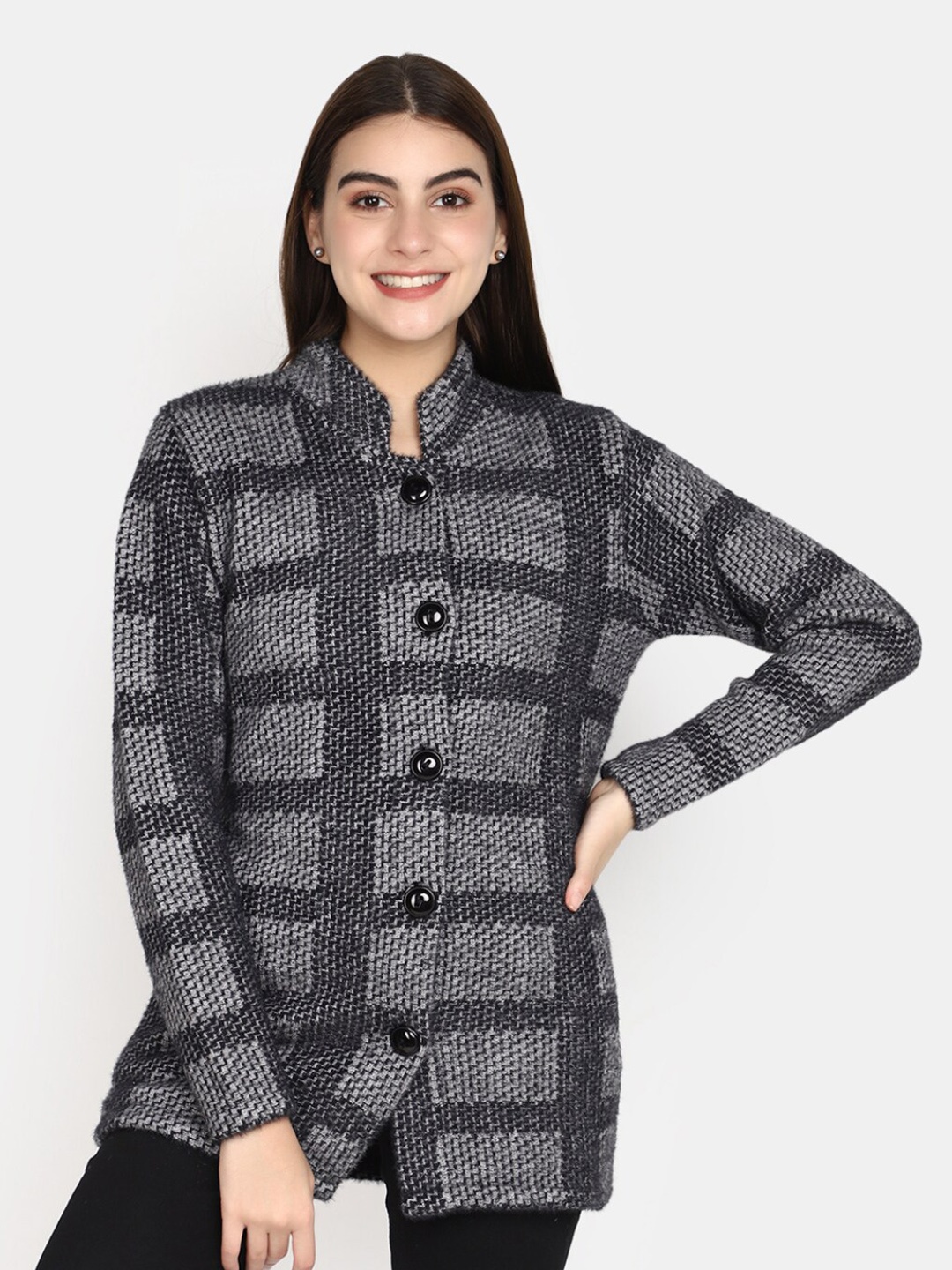 

V-Mart Checked Mandarin Collar Cotton Longline Cardigan Sweater, Black