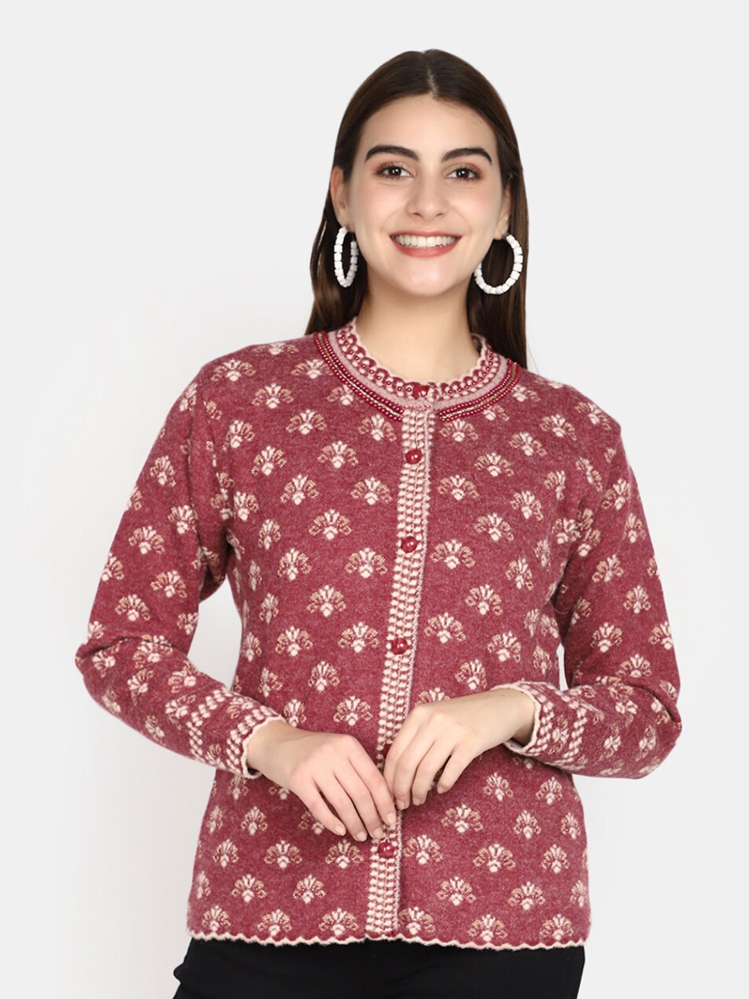 

V-Mart Floral Printed Cotton Front Open Sweatshirt, Maroon