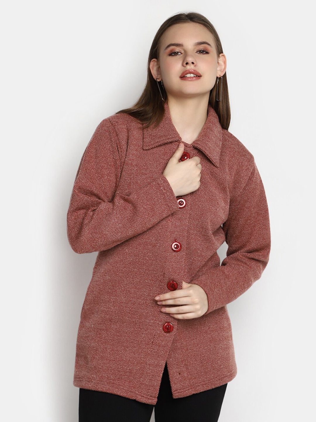 

V-Mart Abstract Self Design Shirt Collar Cotton Cardigan, Brown