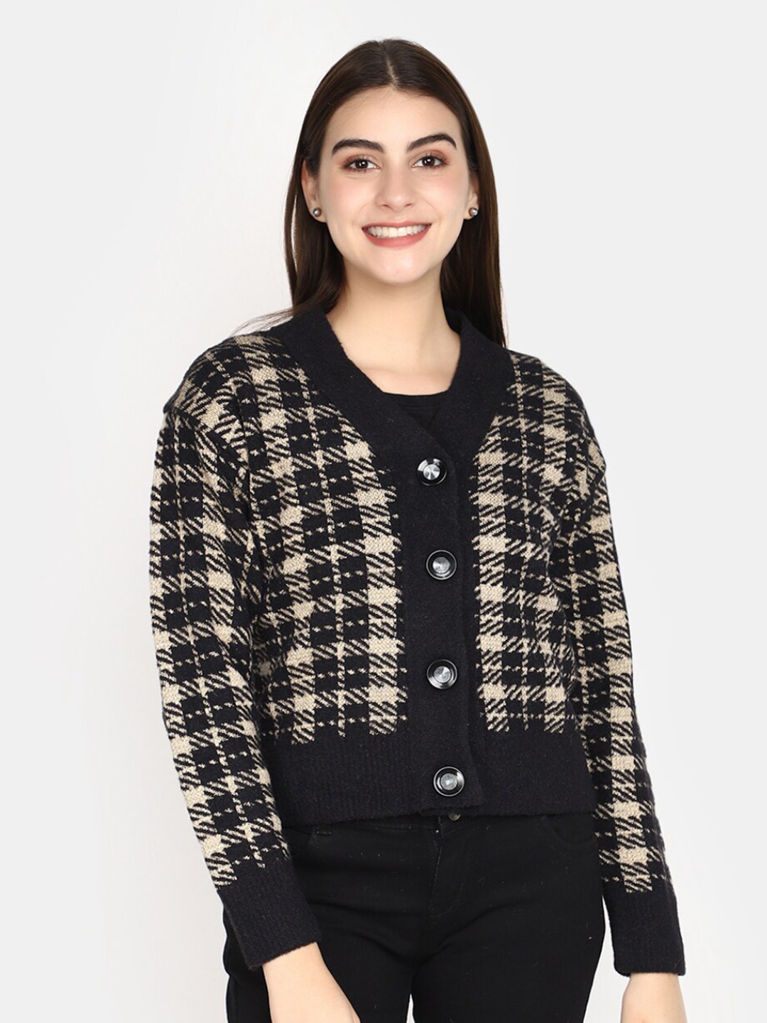 

V-Mart Checked Cotton Cardigan Sweater, Black