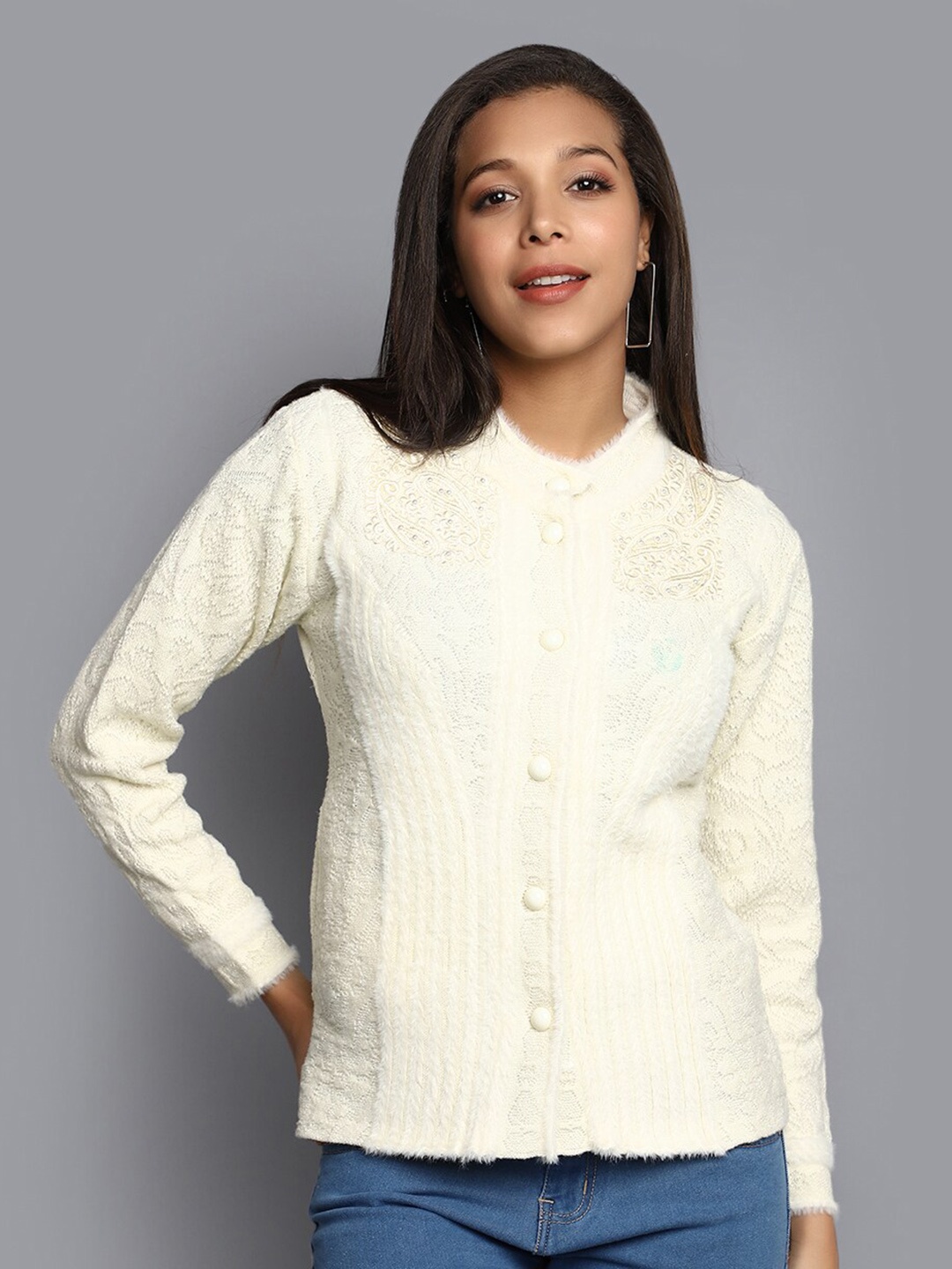 

V-Mart Self Design Cardigan Cotton Sweatshirt, Off white