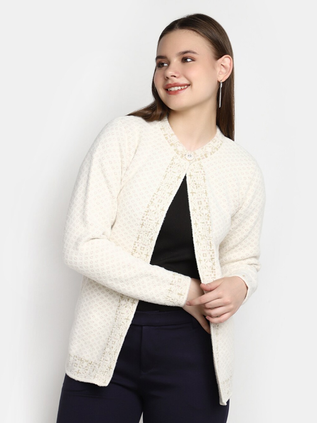 

V-Mart Geometric Self Design Cotton Cardigan, Grey
