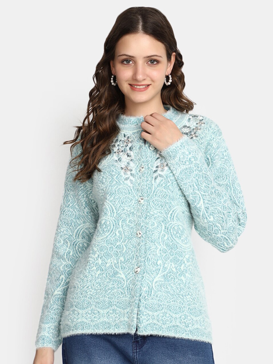 

V-Mart Floral Embroidered Cotton Cardigan Sweater, Blue