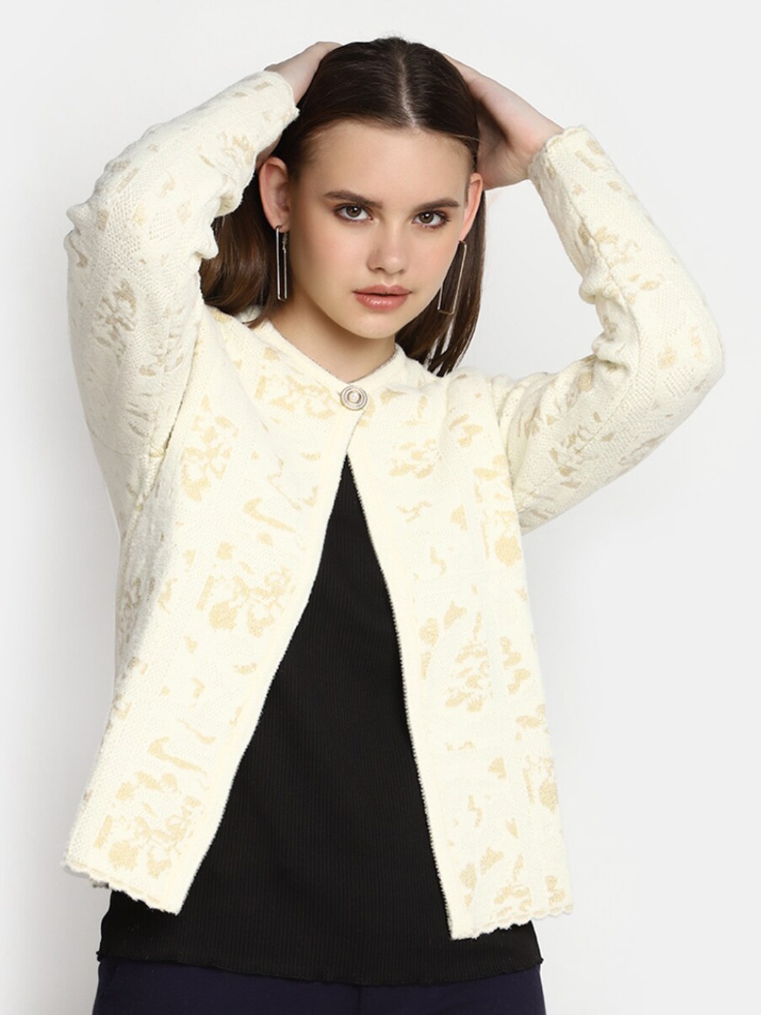 

V-Mart Abstract Self Design Suede Front Open Sweatshirt, Cream