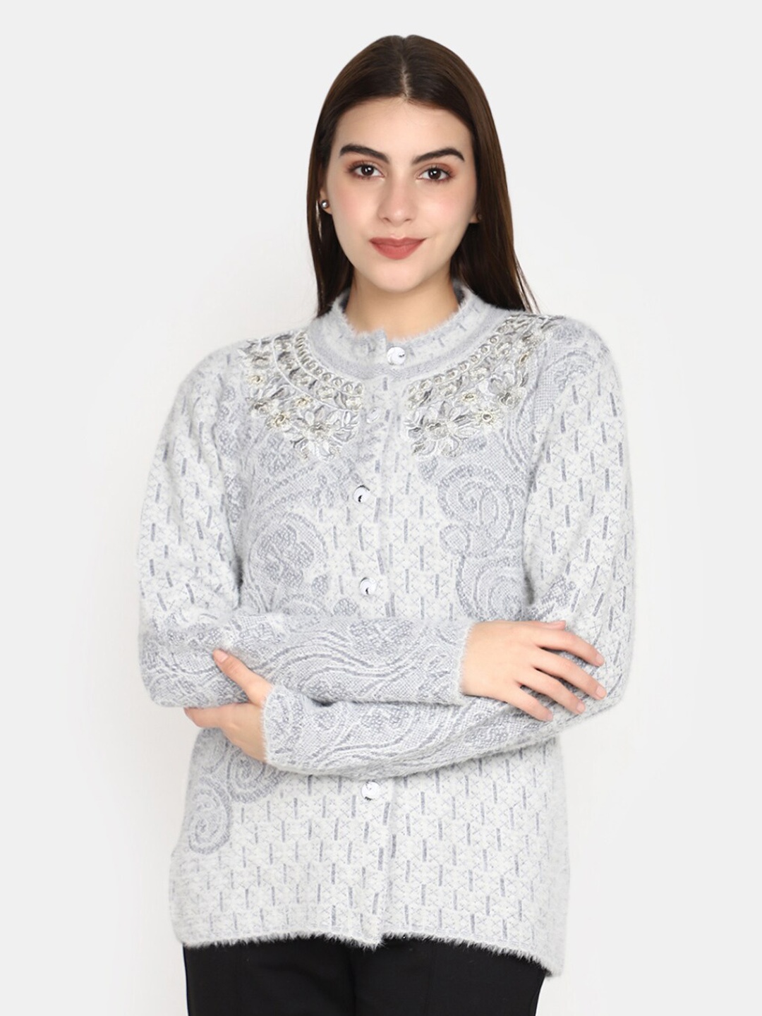 

V-Mart Floral Self Designed Long Sleeves Cotton Cardigan, Grey
