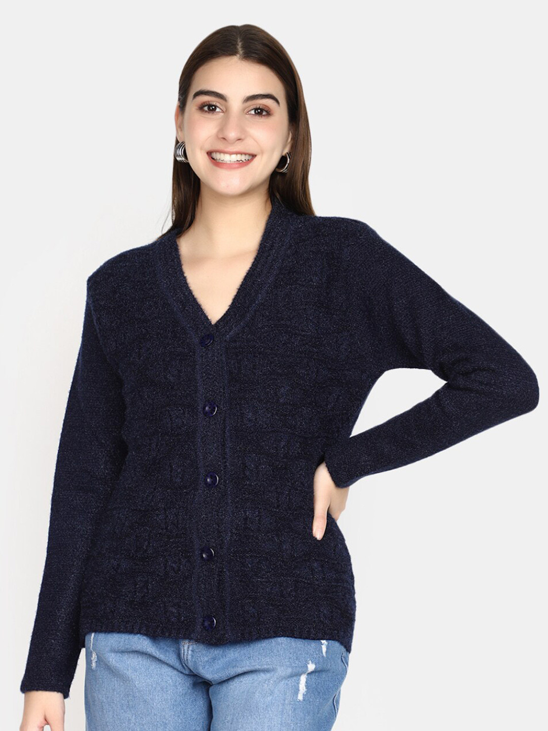 

V-Mart Self Design V-Neck Long Sleeves Cardigan, Blue
