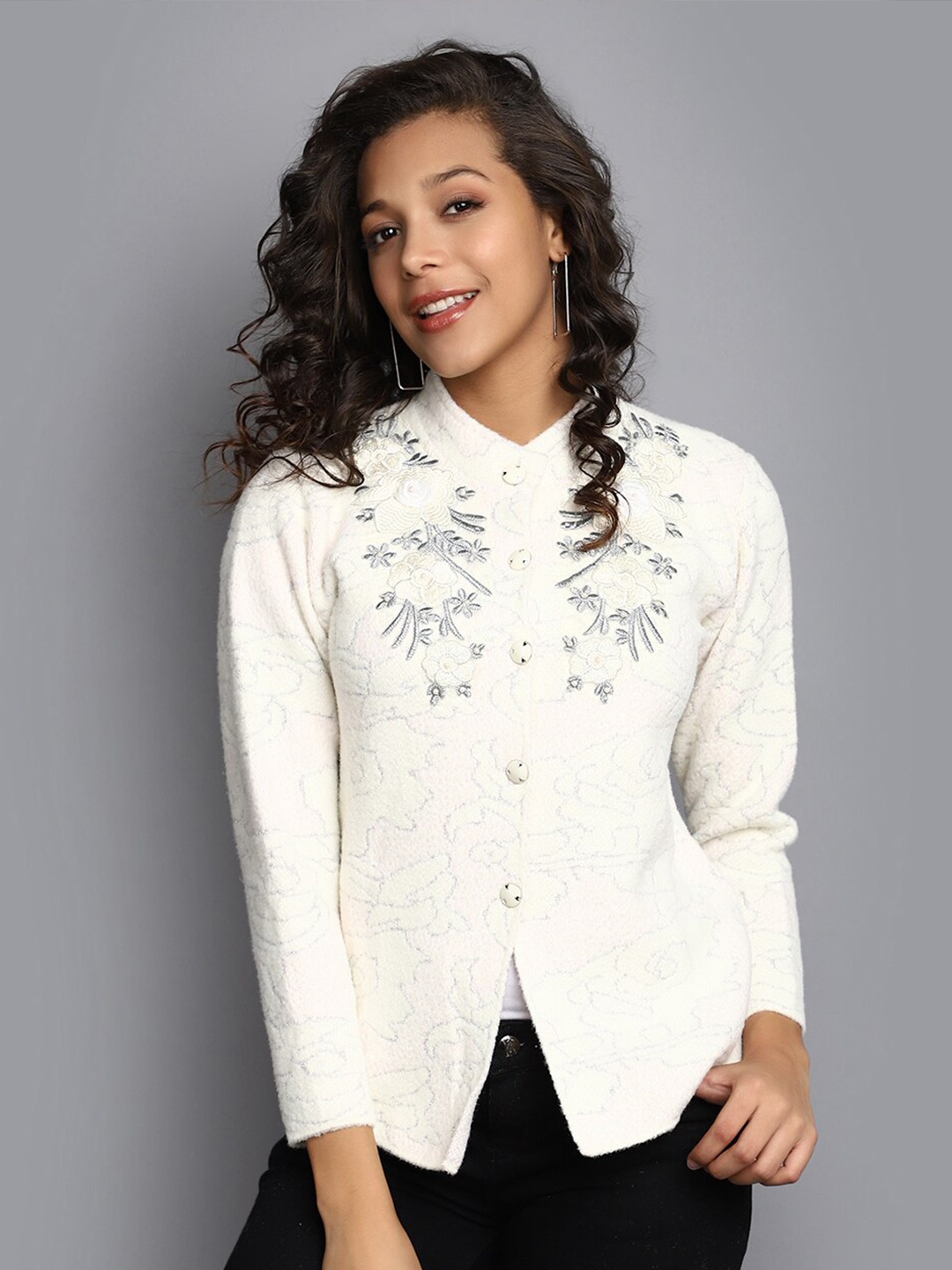 

V-Mart Floral Embroidered Suede Cardigan Sweater, Cream