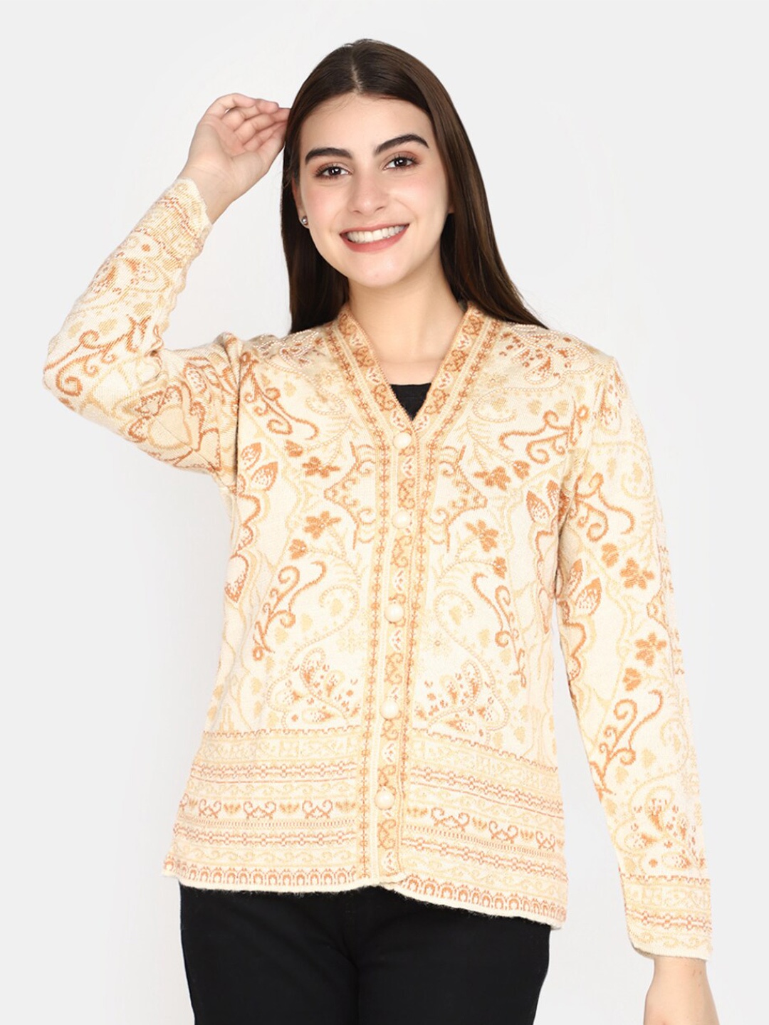 

V-Mart Ethnic Motifs Self Design Cotton Cardigan, Beige