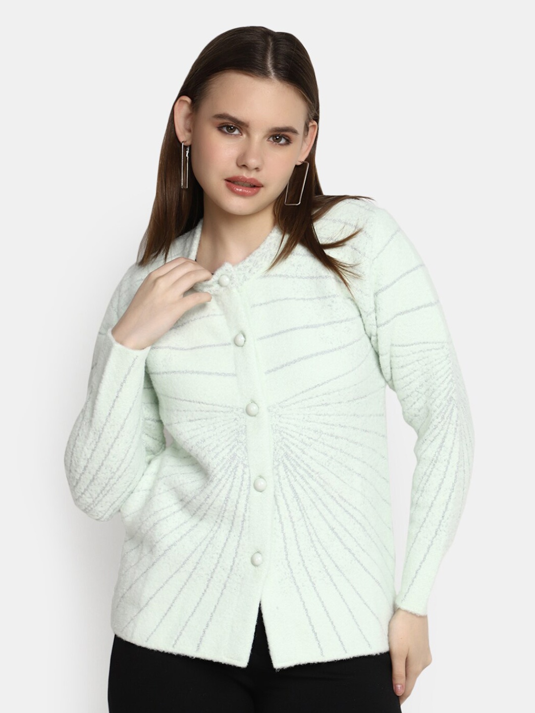 

V-Mart Printed Cotton Cardigan, Sea green