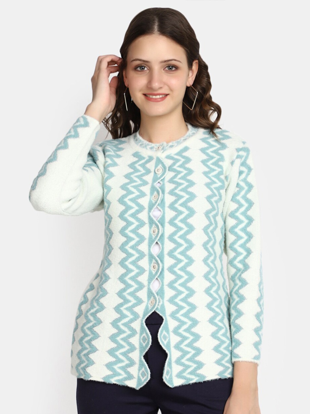 

V-Mart Geometric Printed Round Neck Cotton Cardigan, Green