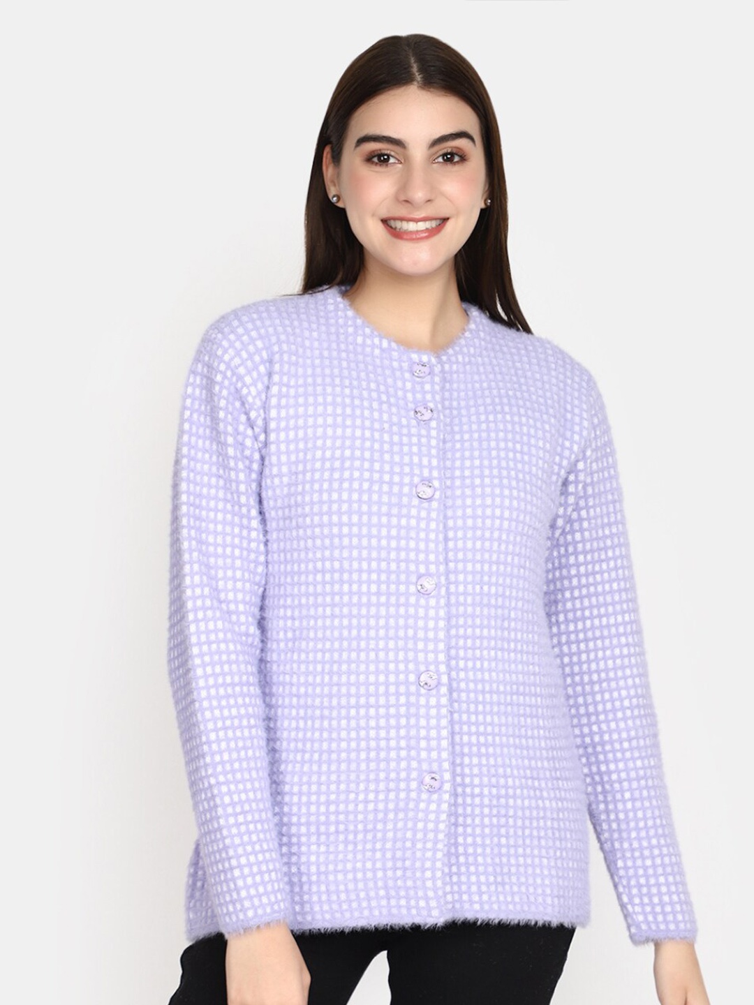 

V-Mart Checked Cotton Cardigan Sweater, Purple