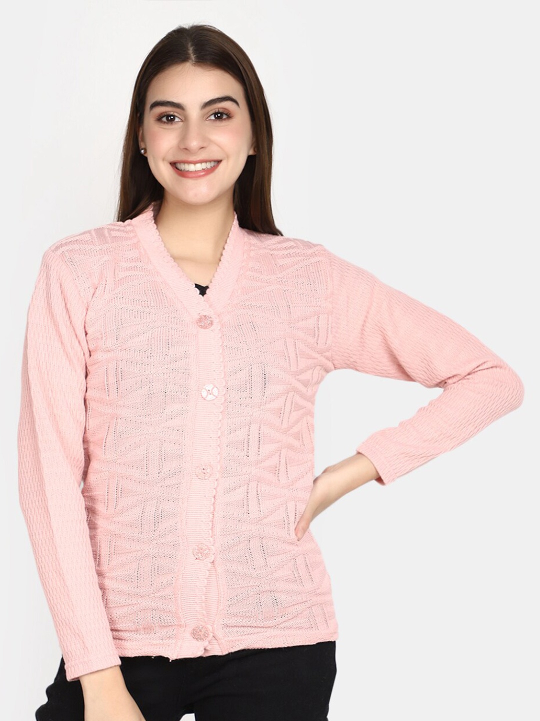 

V-Mart Self Designed V-Neck Cardigan, Pink