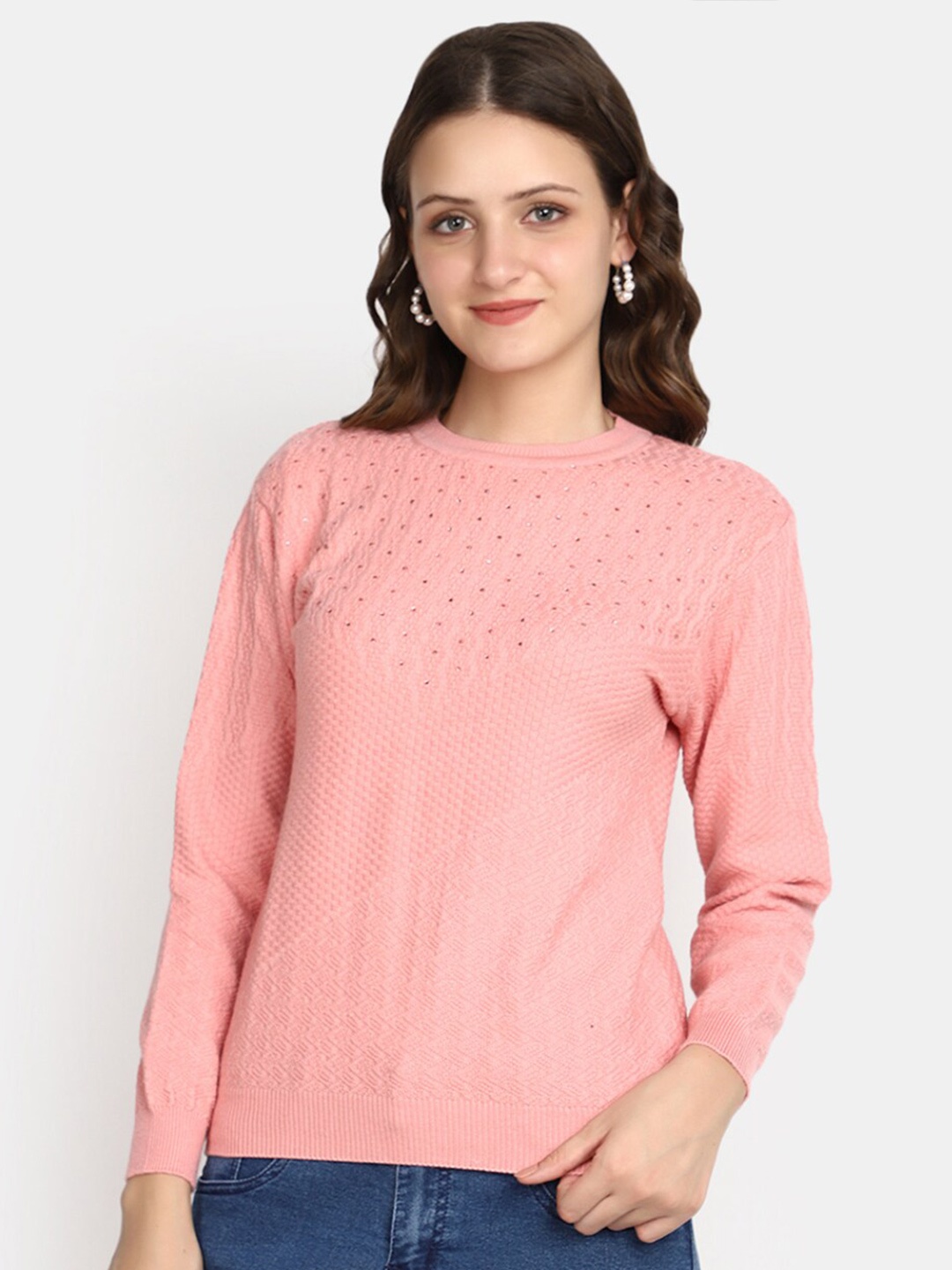 

V-Mart Self Design Embellished Pullover Sweatshirt, Pink