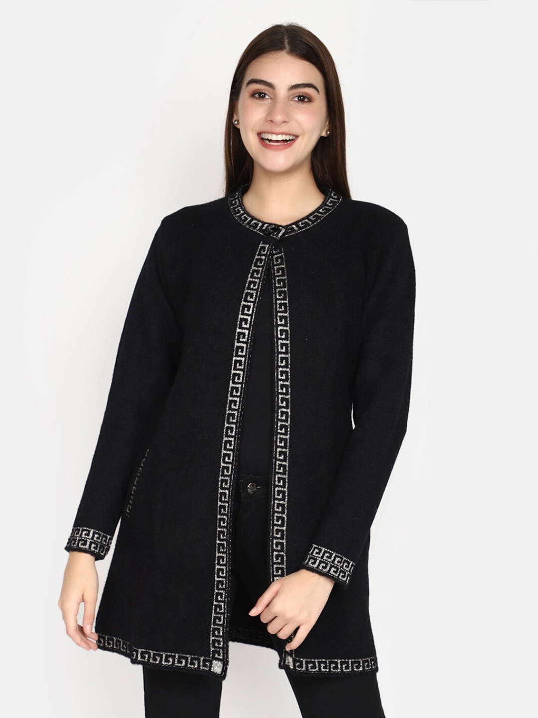 

V-Mart Geometric Self Design Suede Longline Open Neck Cardigan, Black