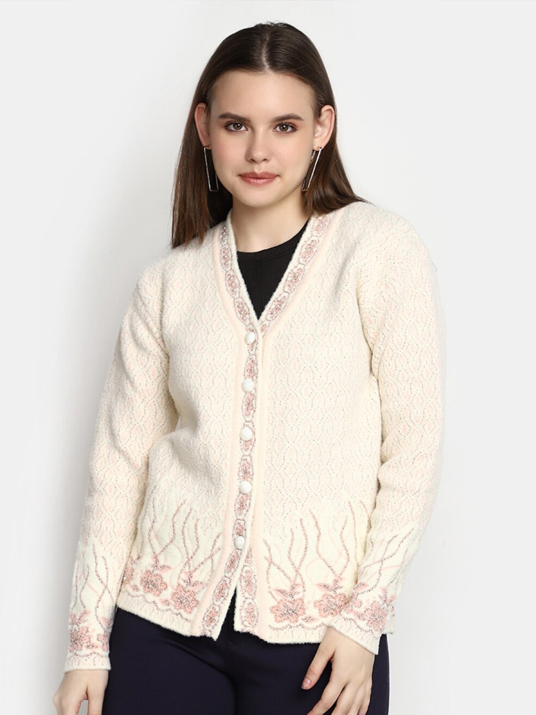 

V-Mart Floral Self Design Suede Cardigan Sweater, Cream