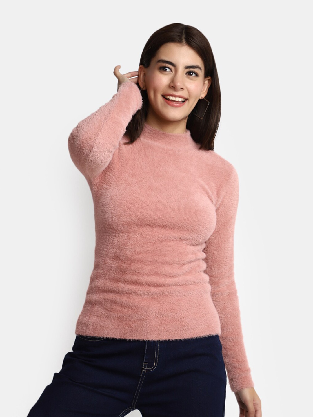 

V-Mart High Neck Pullover Sweater With Fuzzy Detail, Pink