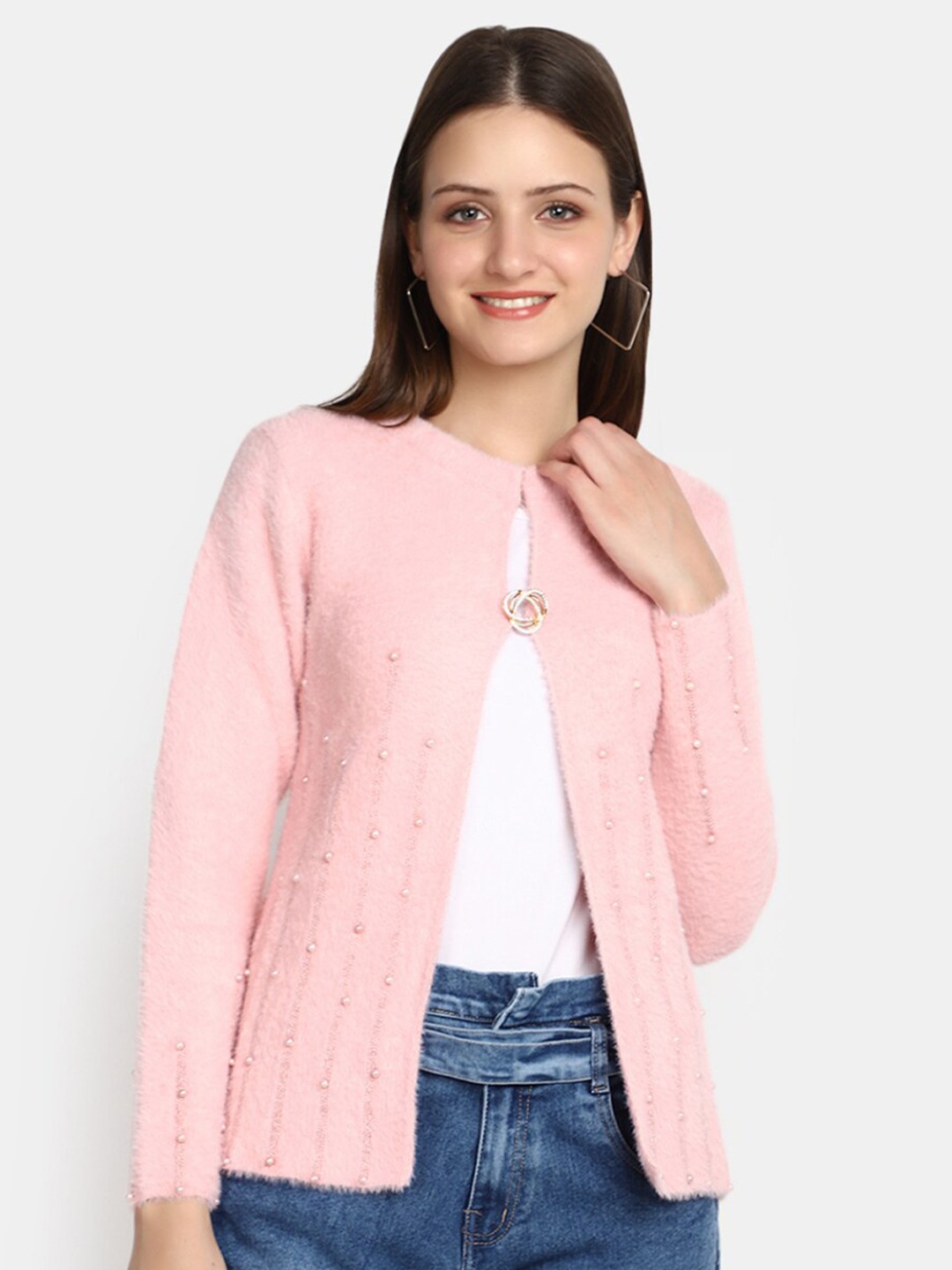

V-Mart Embellished Open Neck Cotton Cardigan, Pink