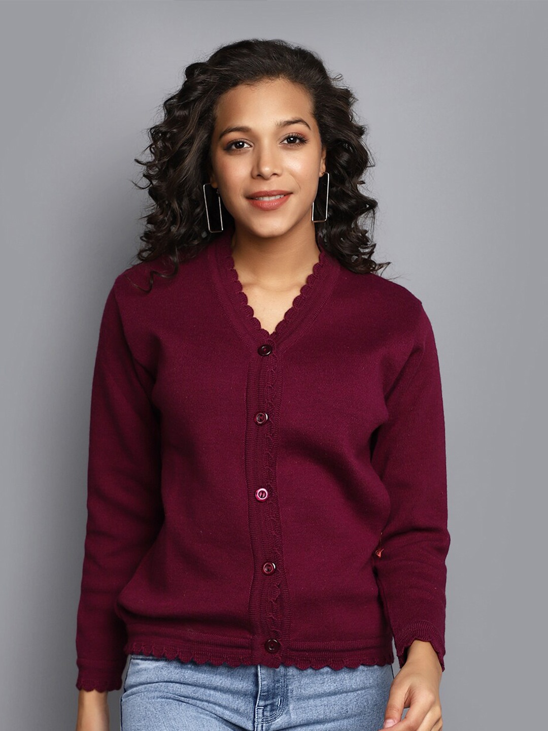 

V-Mart Self Designed V-Neck Cardigan, Burgundy