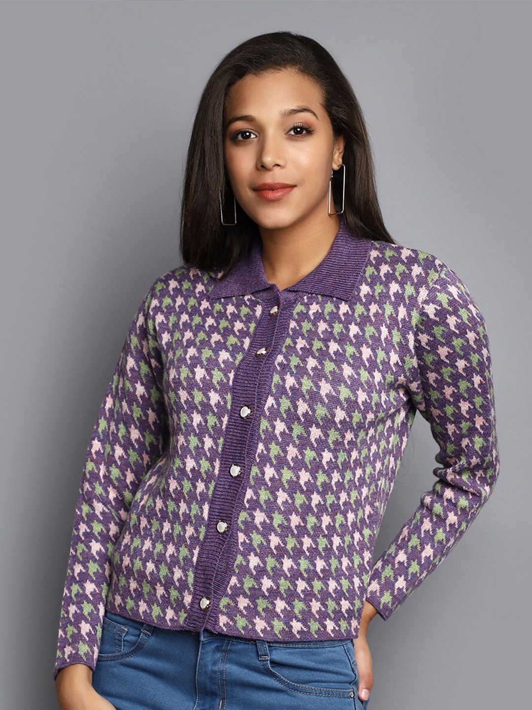 

V-Mart Acrylic Shirt Collar Sweater, Purple