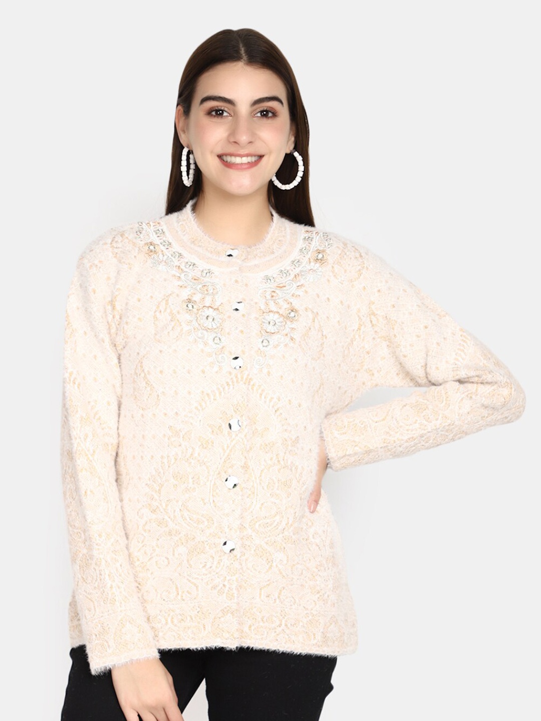 

V-Mart Ethnic Motifs Self Design Embroidered Detail Cotton Cardigan, Beige