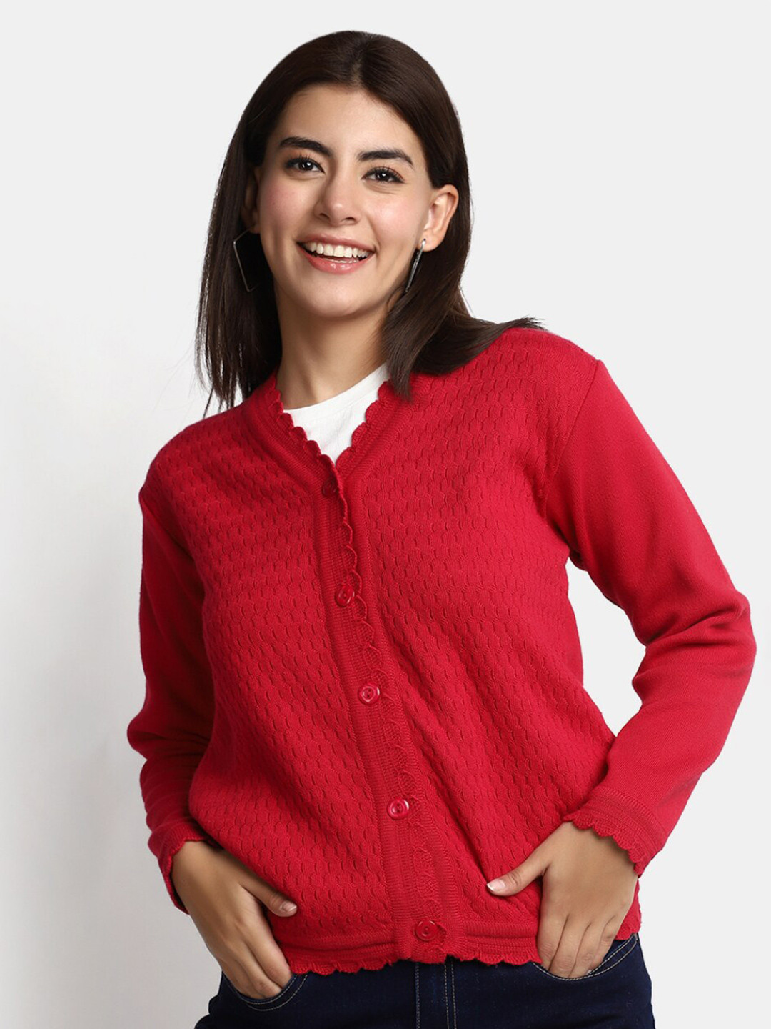 

V-Mart Self Design V-Neck Cardigan Sweater, Fuchsia