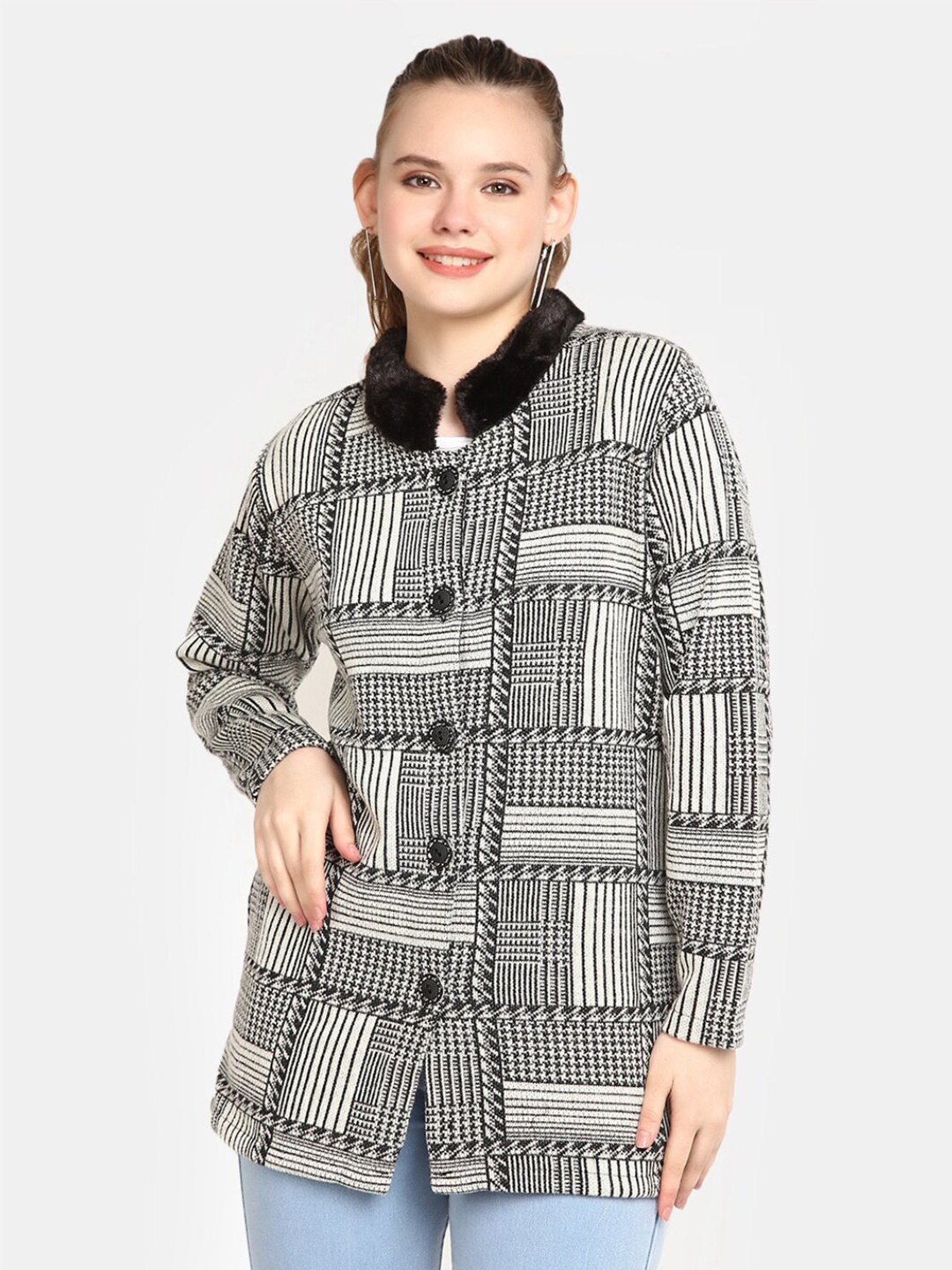 

V-Mart Geometric Printed Cardigan Sweater, Black