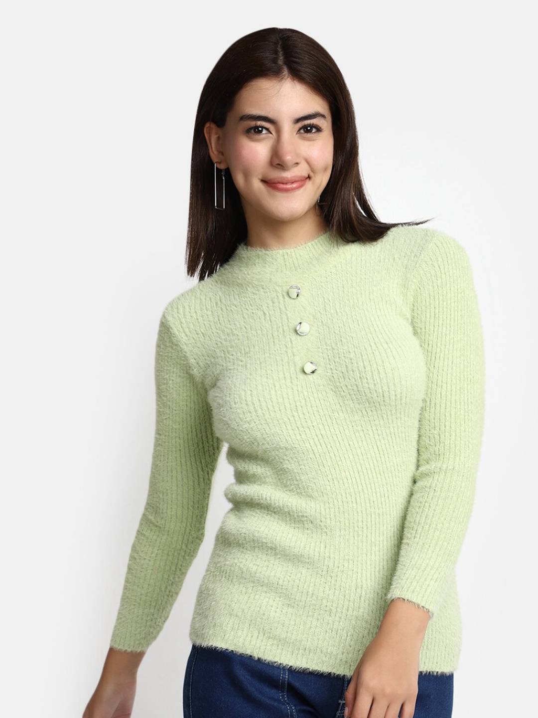 

V-Mart Self Design High Neck Cotton Sweater, Green