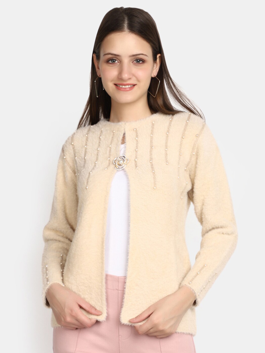 

V-Mart Round Neck Cotton Cardigan Sweater With Embellished Detail, Beige